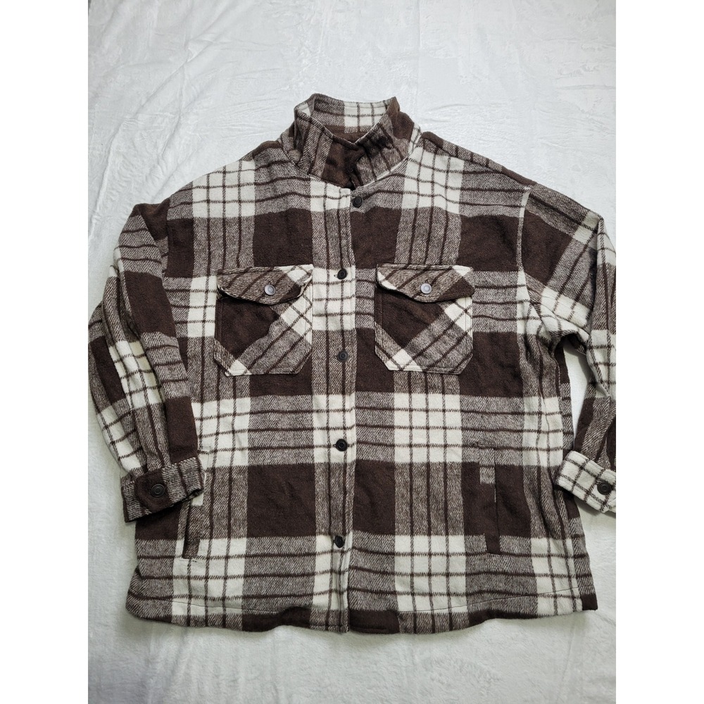 Ashley Plaid Shacket Women Large Brown Wool Blend Button Up